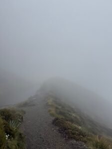 Poor visibility during the hike to Sealy Tarns viewpoint at Mount Cook, New Zealand